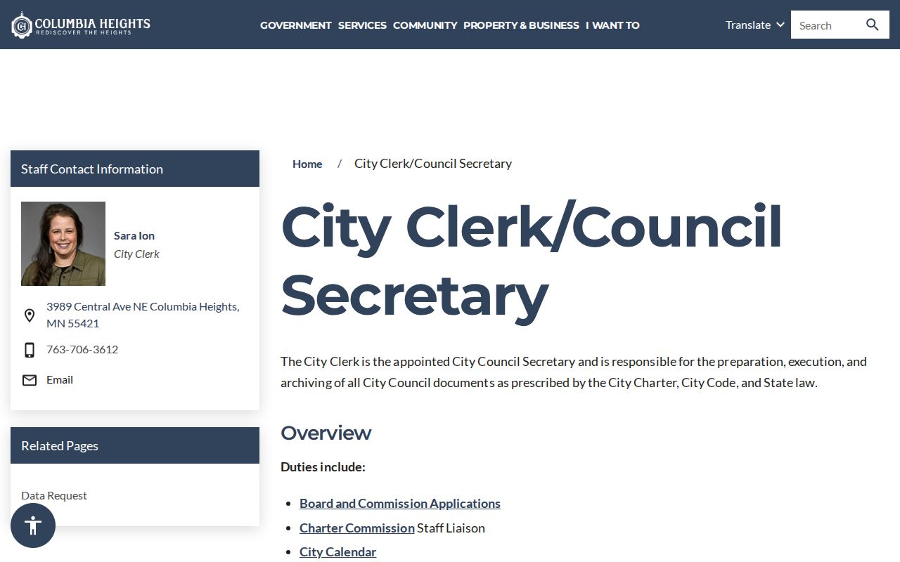 Columbia Heights residents directory City Clerk and Council Secretary page