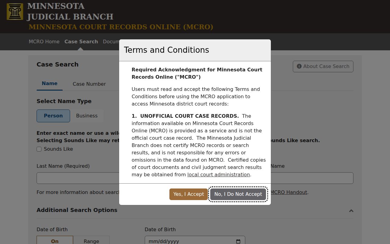 Columbia Heights resident lookup fields in the Minnesota MCRO case search