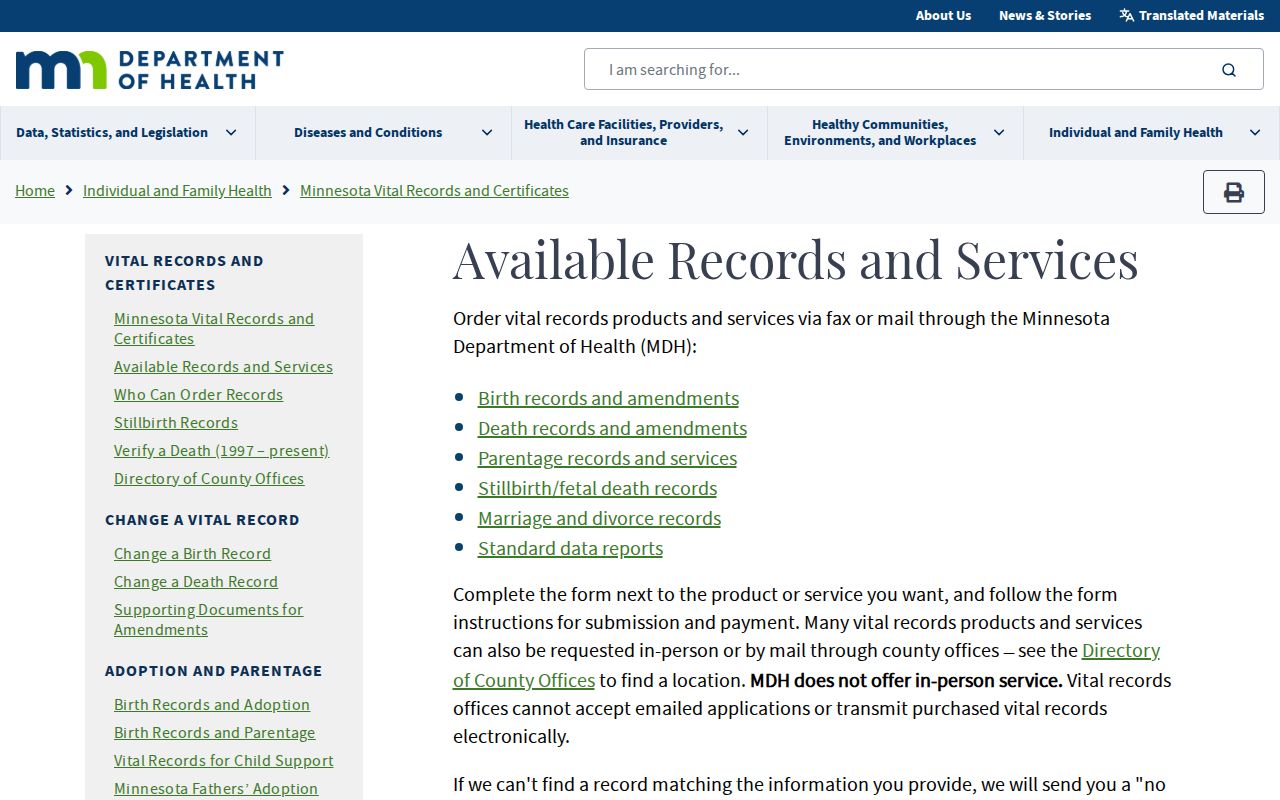 Columbia Heights resident lookup vital-record product options from Minnesota Department of Health