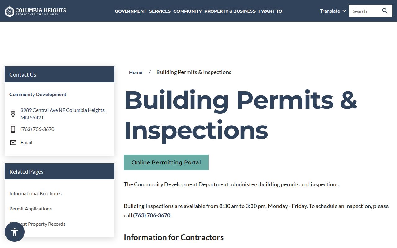 Columbia Heights street directory source for building permits and inspections