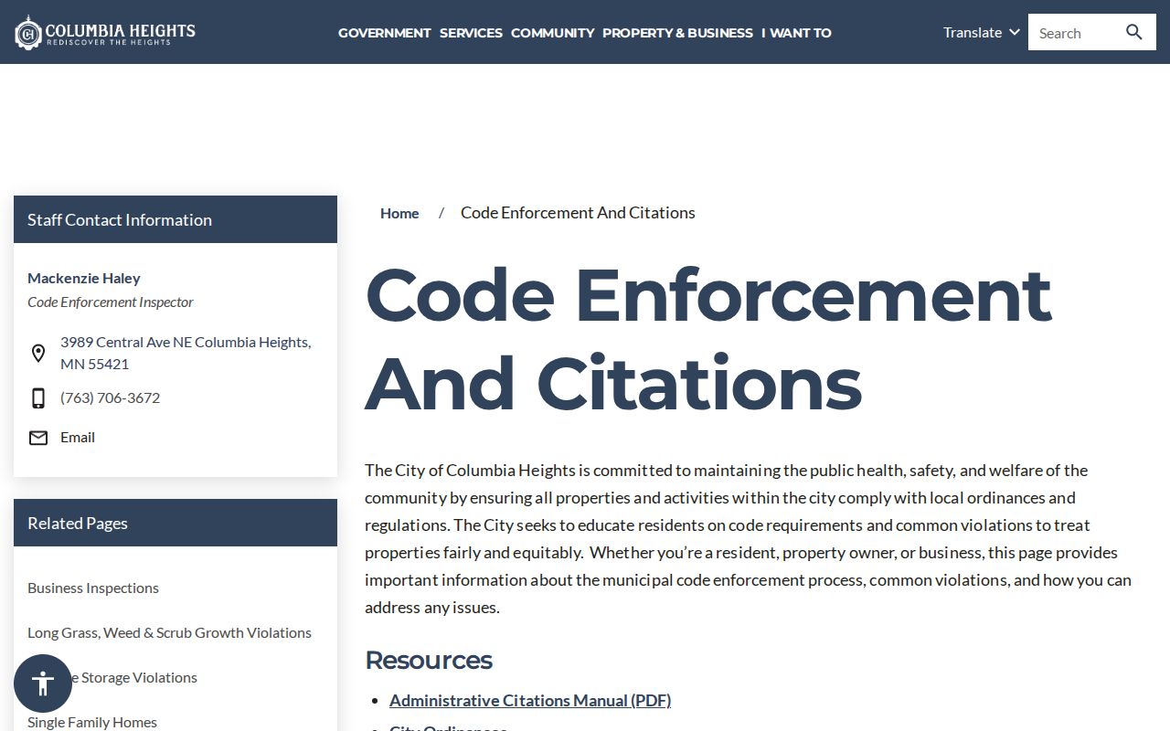 Columbia Heights street directory source for code enforcement and citations